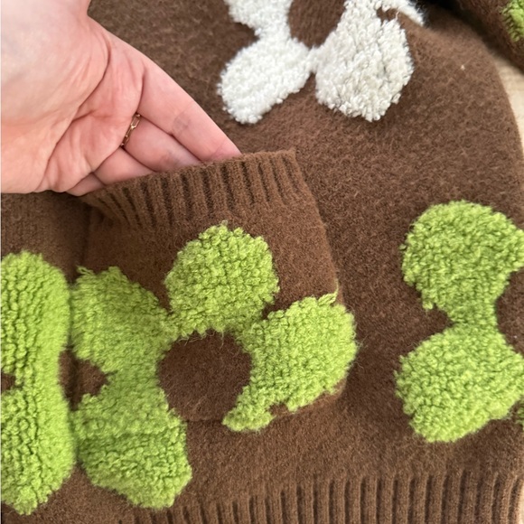 Brown Floral Button-Up Cardigan Sweater - Green & White Flower Appliqués - Picture 3 of 5